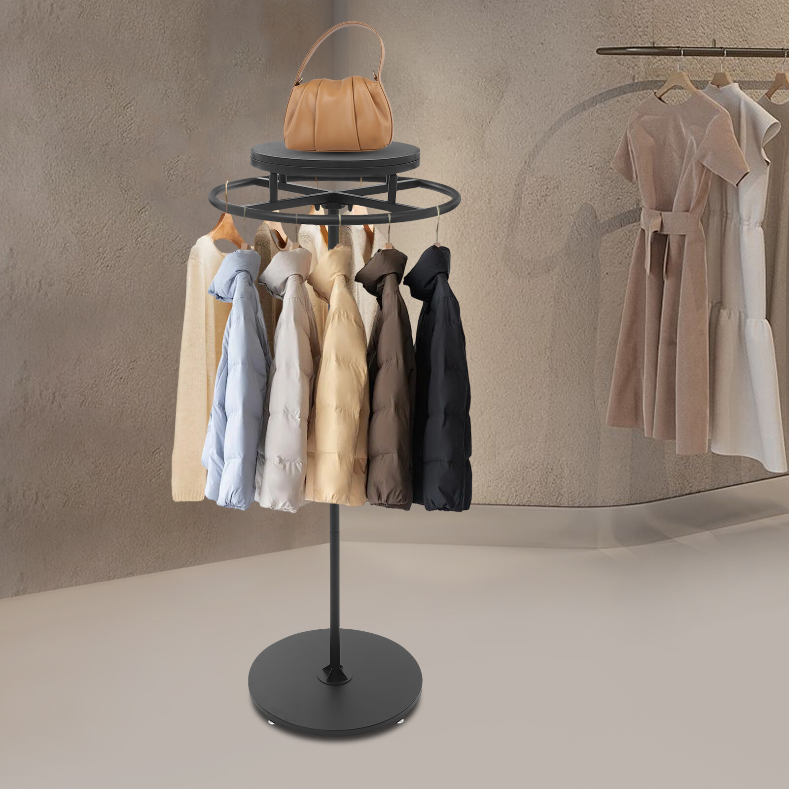 Round Clothing Rack Floor Standing Clothes Hanging Rack Garment Display black