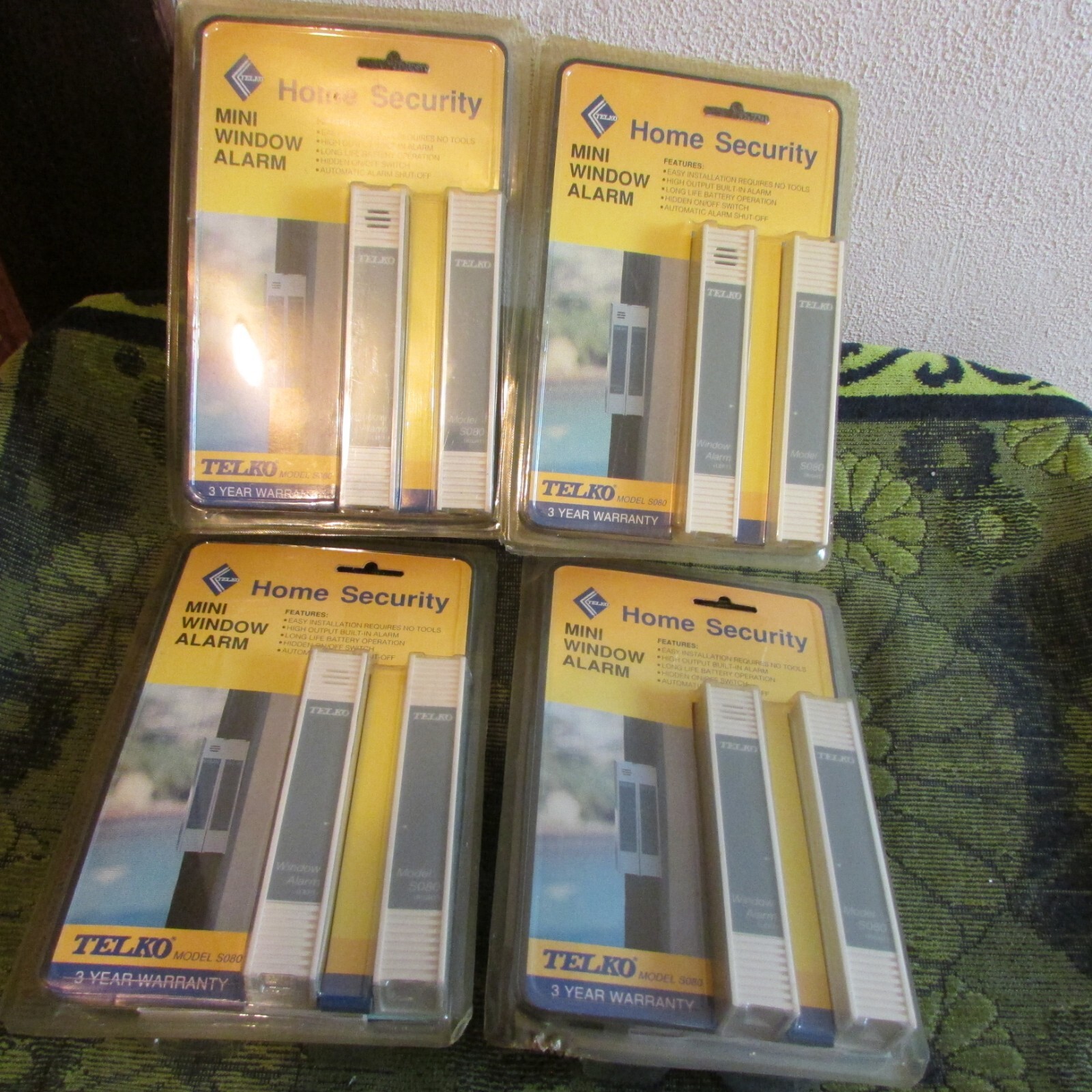 * New Lot of 4 Telko Mini Window Alarms.  No Tools, High Output, Hidden Switch *