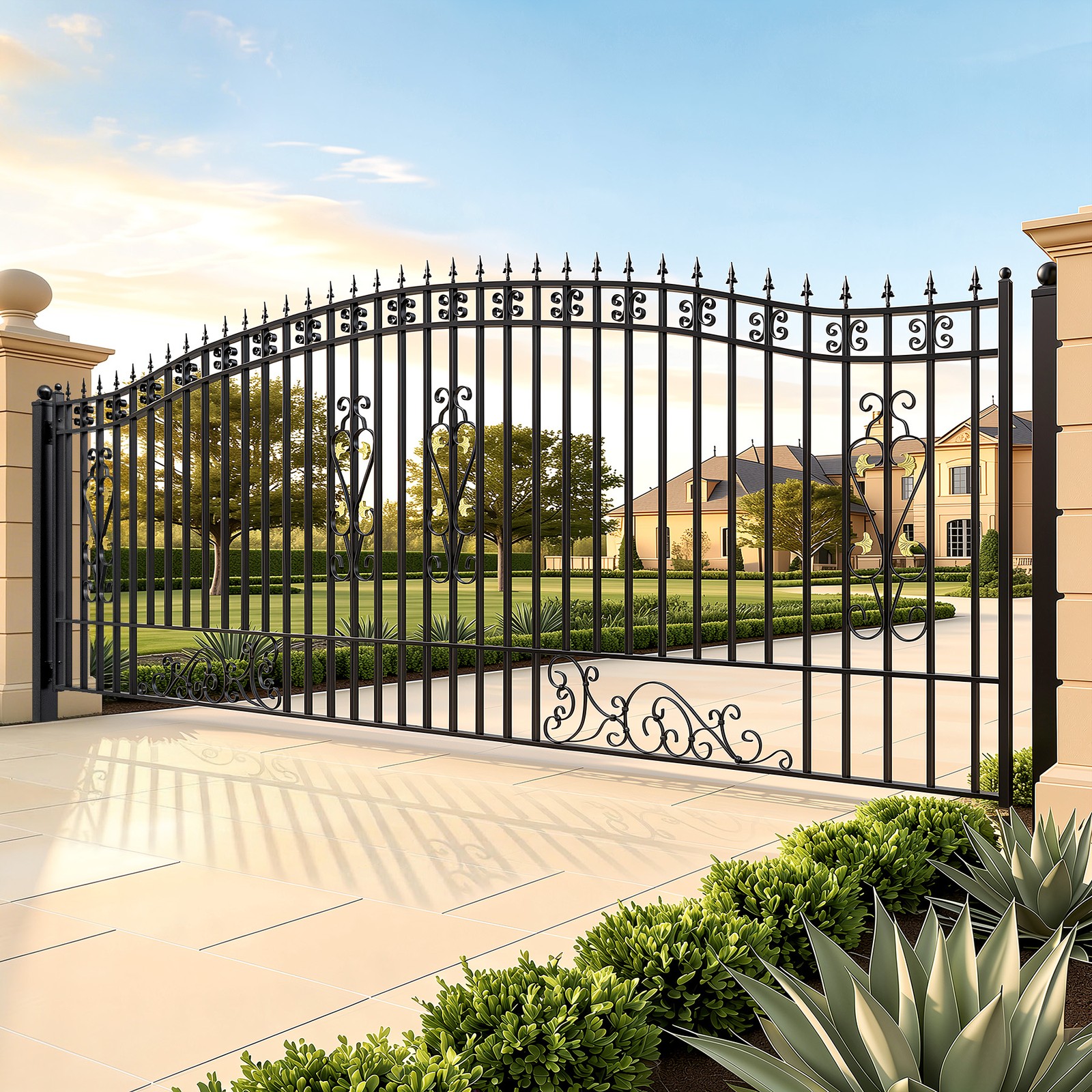 ZUMI 18x6 ft Single Swing Driveway Gate Arched Top Swing Gate Floral Scrollwork