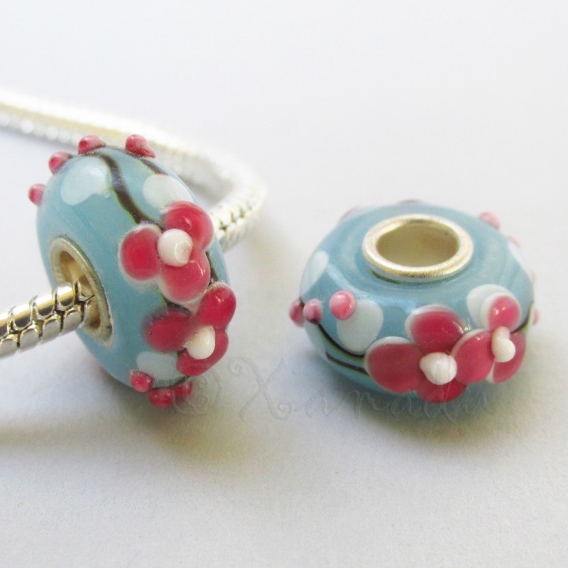 Pink Floral Lampwork Glass 15mm Large Hole European Beads EB1067 - 1, 2 Or 5PCs