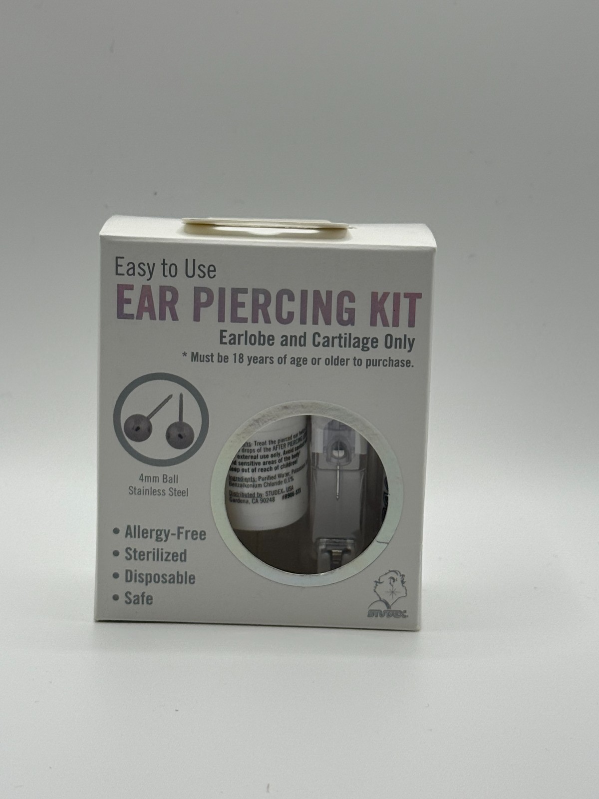 STUDEX EAR PIERCING KIT EARLOBE & CARTILAGE ONLY 4MM WHITE STAINLESS STEEL BALL