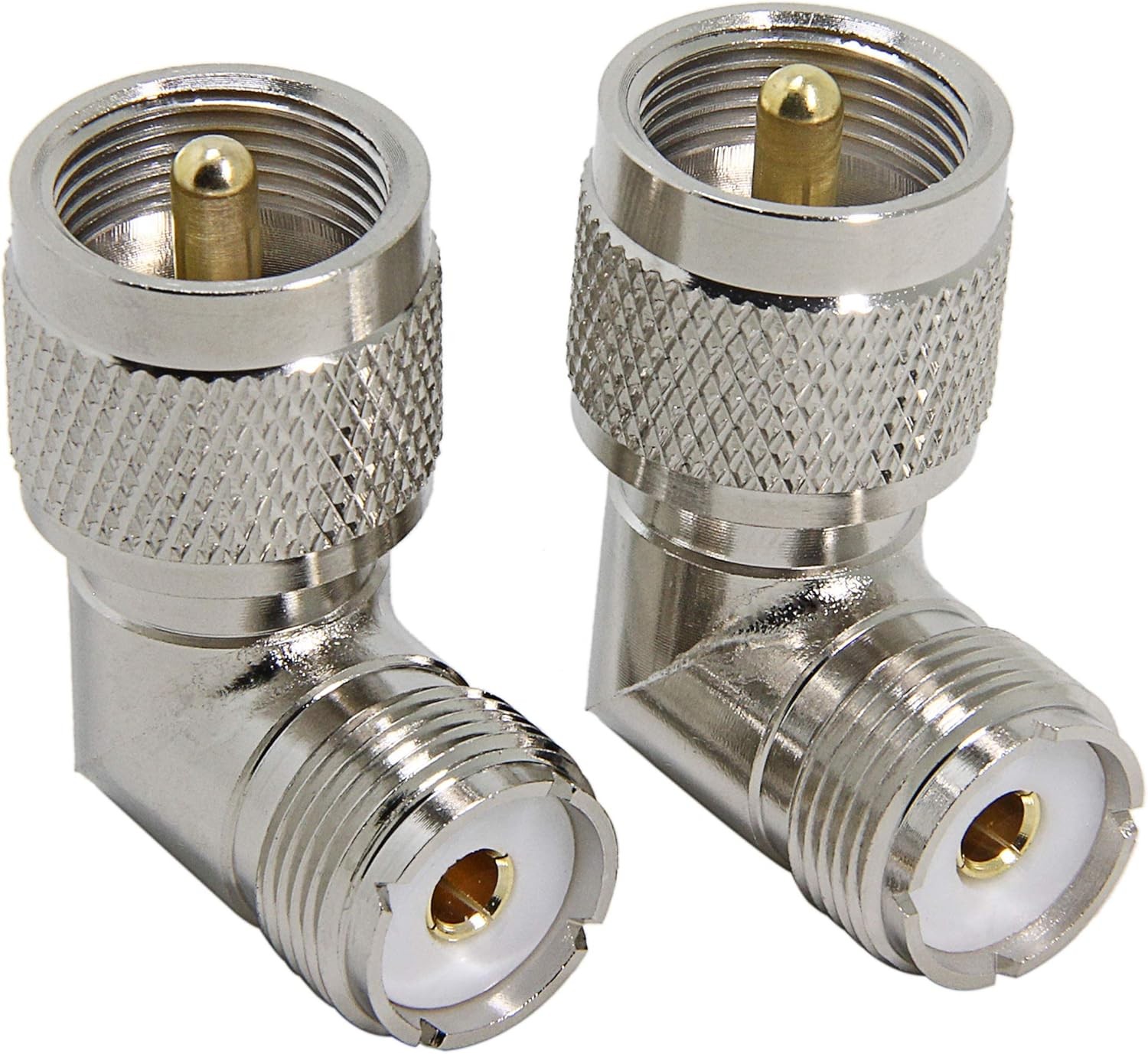 PL259 Right Angle, 2 Pack UHF Male to Female Coax Connector 2-Pack, silver
