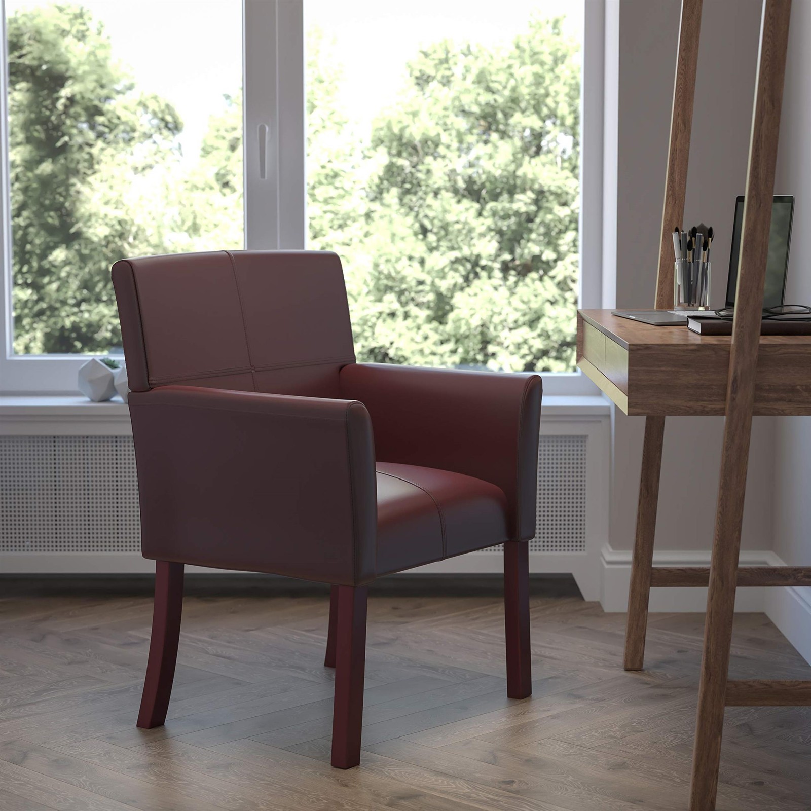 Flash Furniture Leather Executive Side Guest Chair in Burgundy and Mahogany