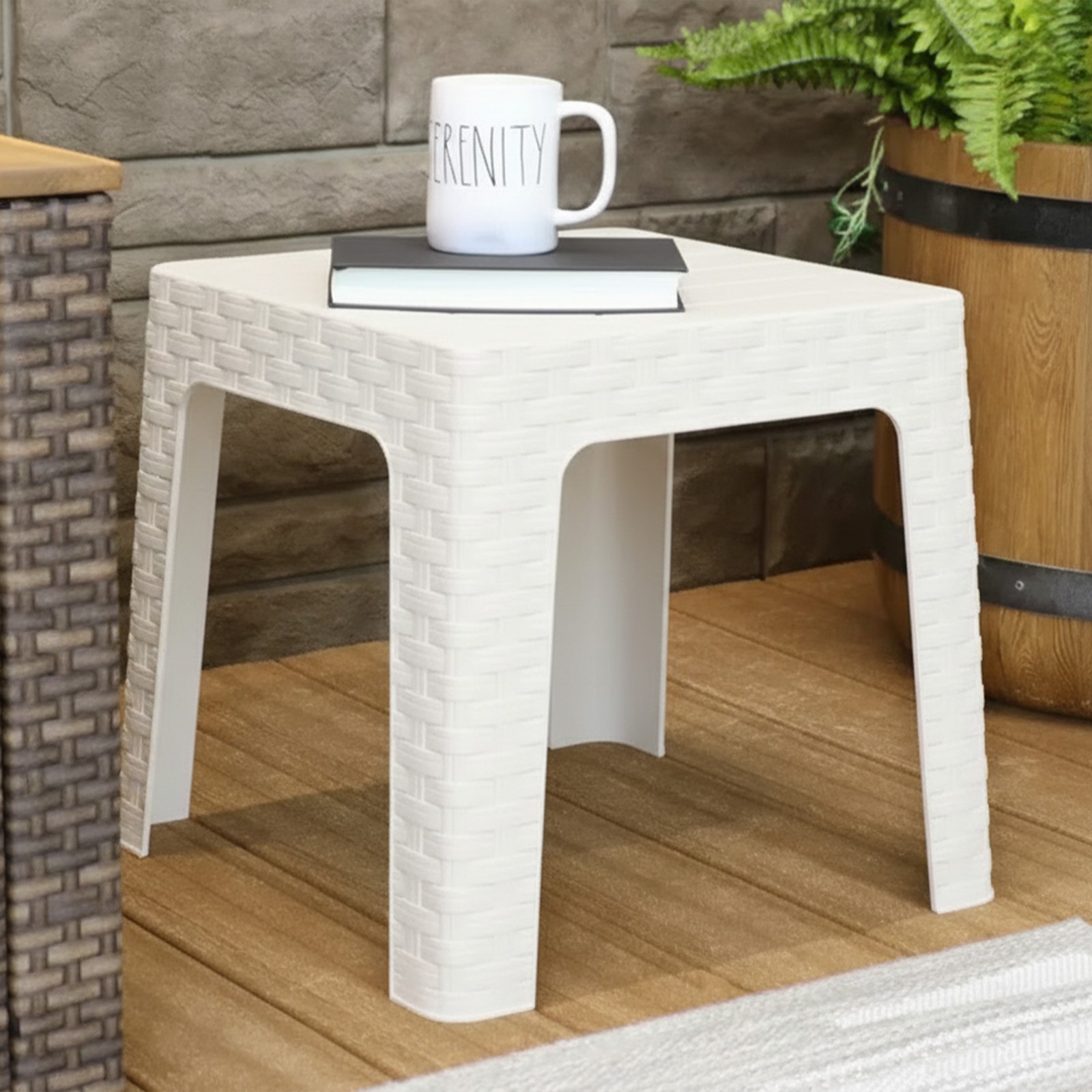 Outdoor Plastic Side Table for Patio, Square, White, Set of 2 by Sunnydaze