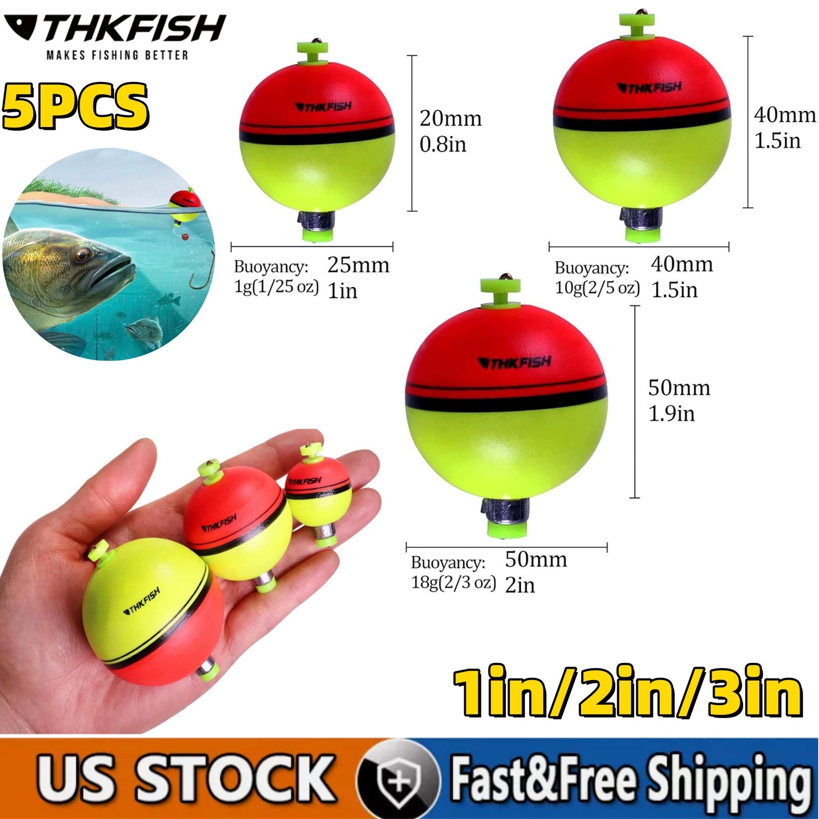 5PCS Weighted Fishing Bobbers Snap-on Spring Floats EVA Foam Push Button Floats