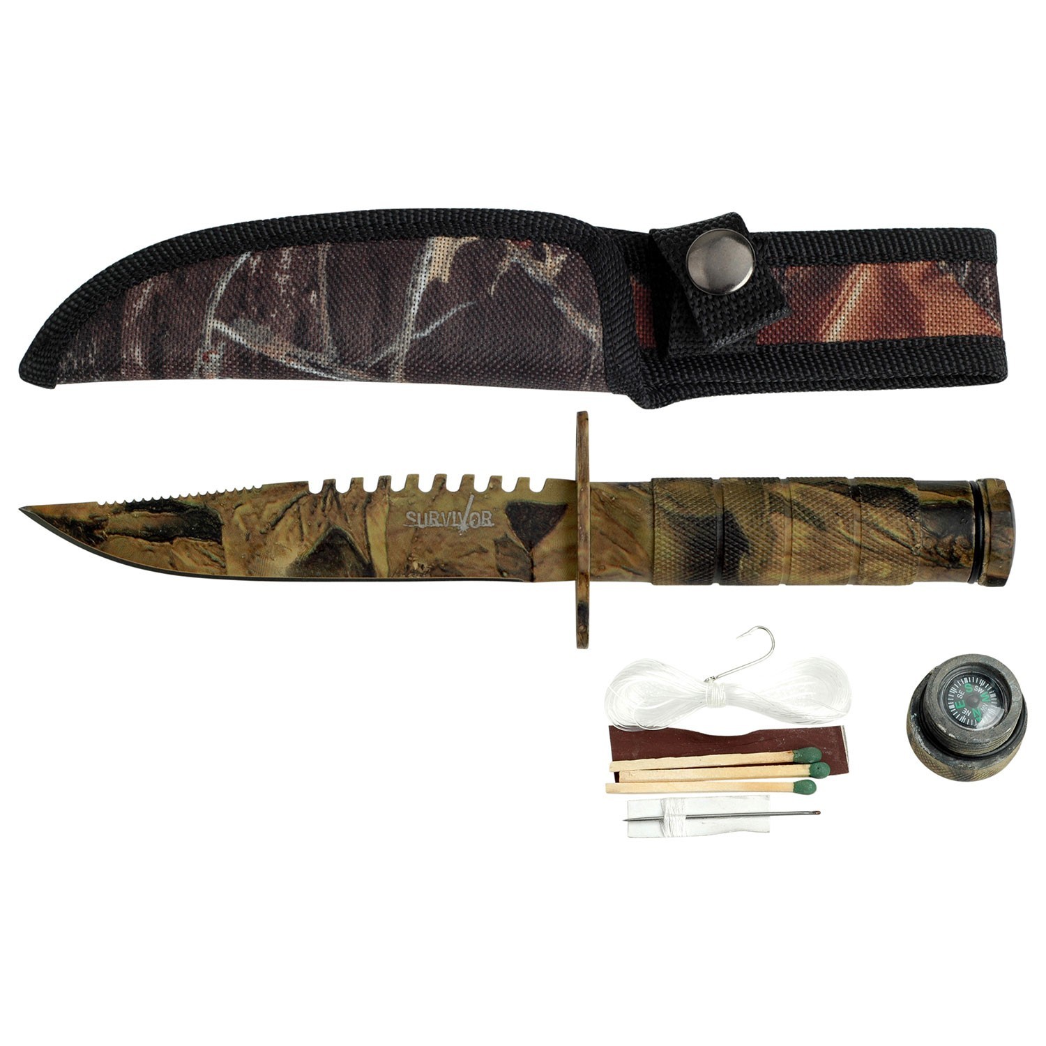 Survivor Fixed Blade Knife w/Compass & Survival Kit-Aluminum Handle & Sheath