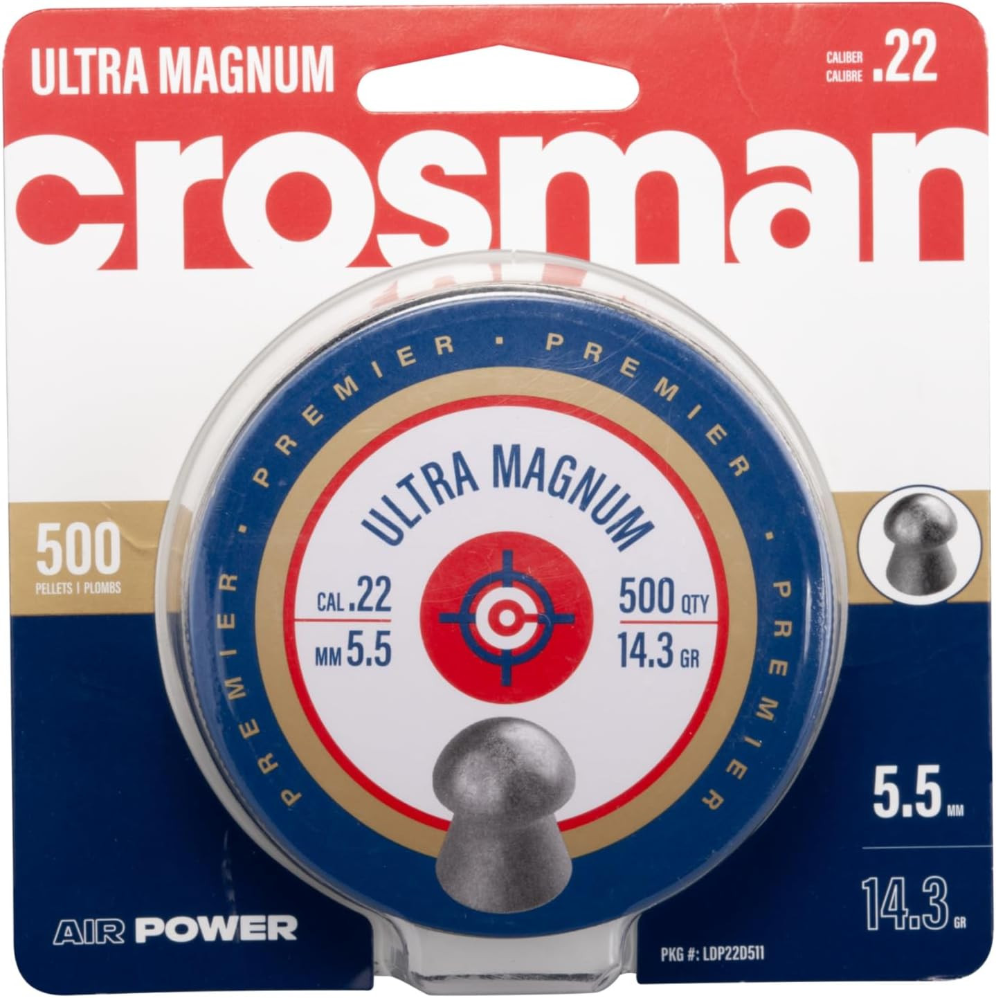 Crosman Rifle Hunting Pellets Gun Domed Point 0.22-14.3 Grain 500 Count