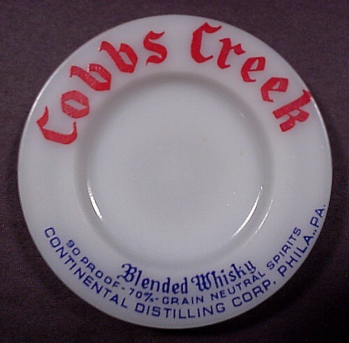small HAZEL ATLAS milkglass ~ COBBS CREEK WHISKEY ~ ashtray PHILADELPHIA, PA