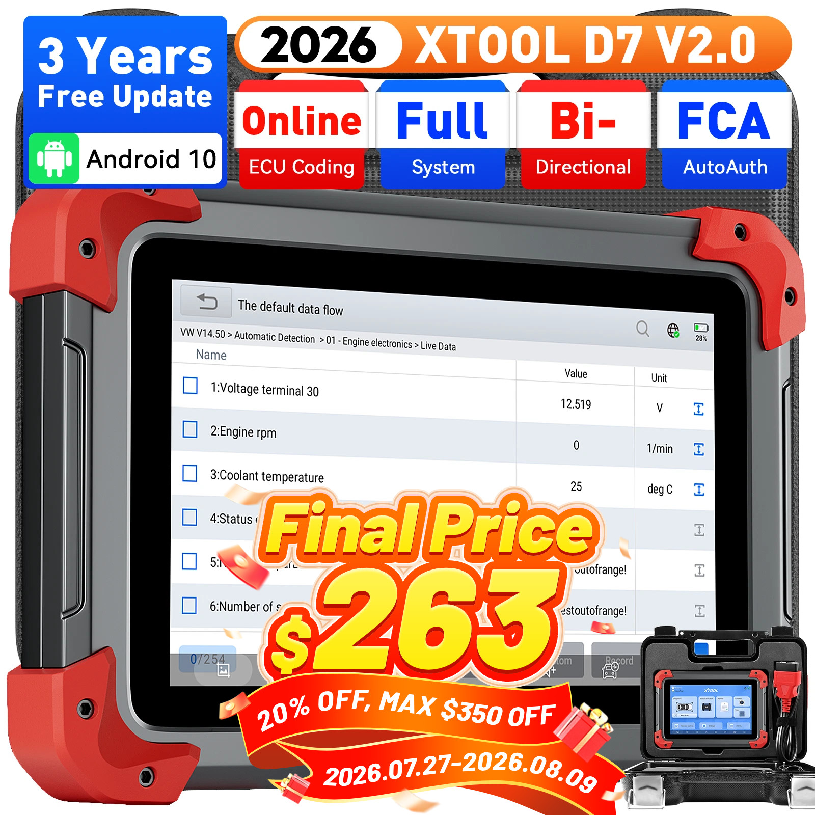 XTOOL D7 V2.0 Auto OBD2 FCA Scanner Bidirectional Diagnostic Tool Key Programmer
