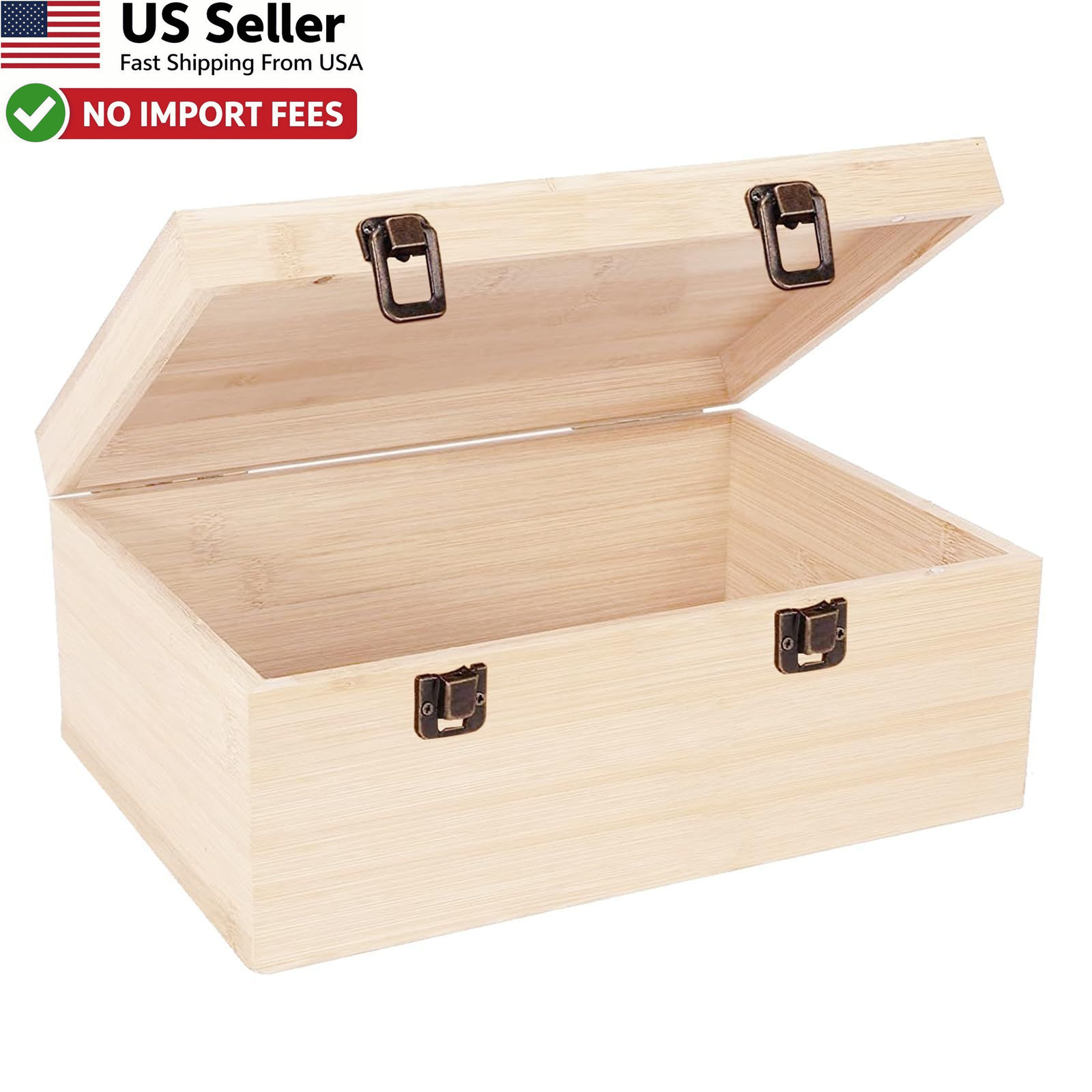 Large Unfinished Wooden Box 12x9x5 Inch Hinged Lid Front Clasp DIY Craft Storage