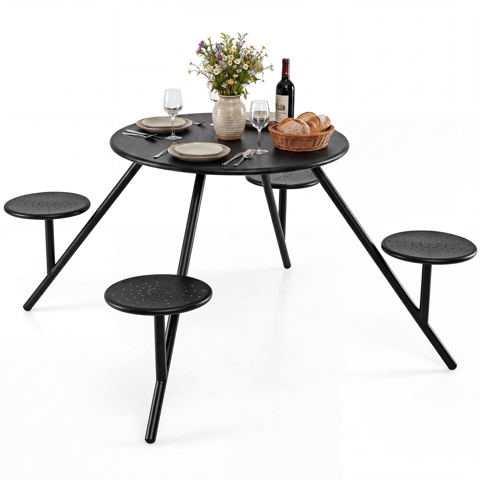 Heavy Duty Galvanized Iron Patio Table w/4 Built-in Seats & 1.77” Umbrella Hole