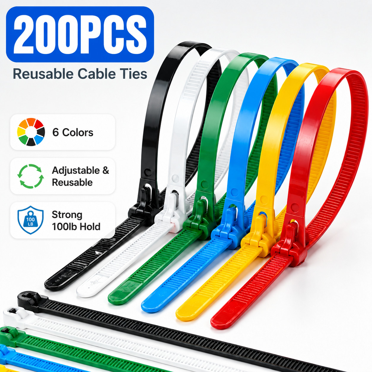200PCS Reusable Cable Ties Multi-Color Adjustable Zip Straps for Home Office DIY