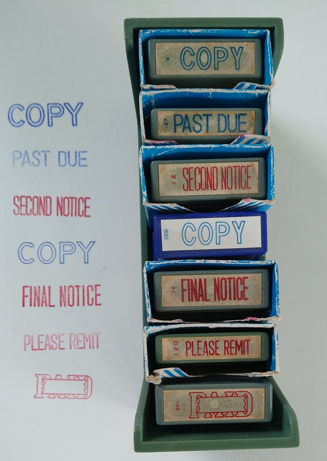 Vintage Xstamper Set: Copy, Past Due, Second and Final Notice, Please Remt, Paid