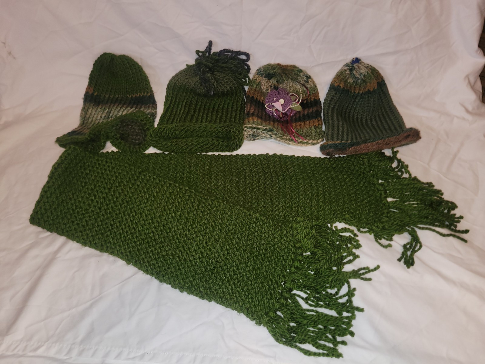 Handmade Crochet Scarf And Hat Beenie Lot Green Camo Toboggan 4 Hat 1 Scarf