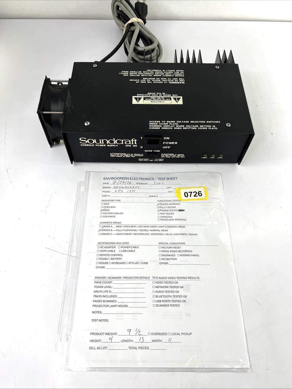 Soundcraft CPS150 Console Power Supply +48V ±17V Tested Working 5-Pin Cable
