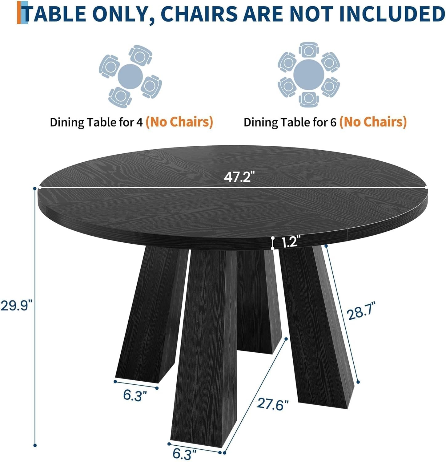 47" Round Dining Table 4-6 Wood Kitchen Table W/ Sturdy Base Farmhouse Circle