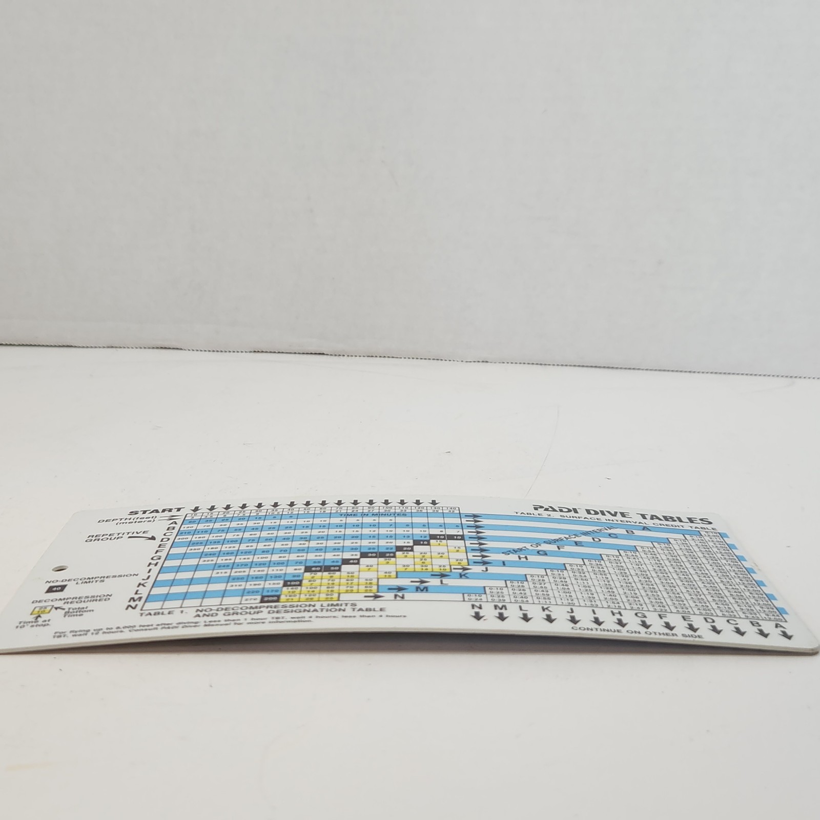 PADI DIVE TABLES Chart - 1983 Plastic Waterproof Laminated