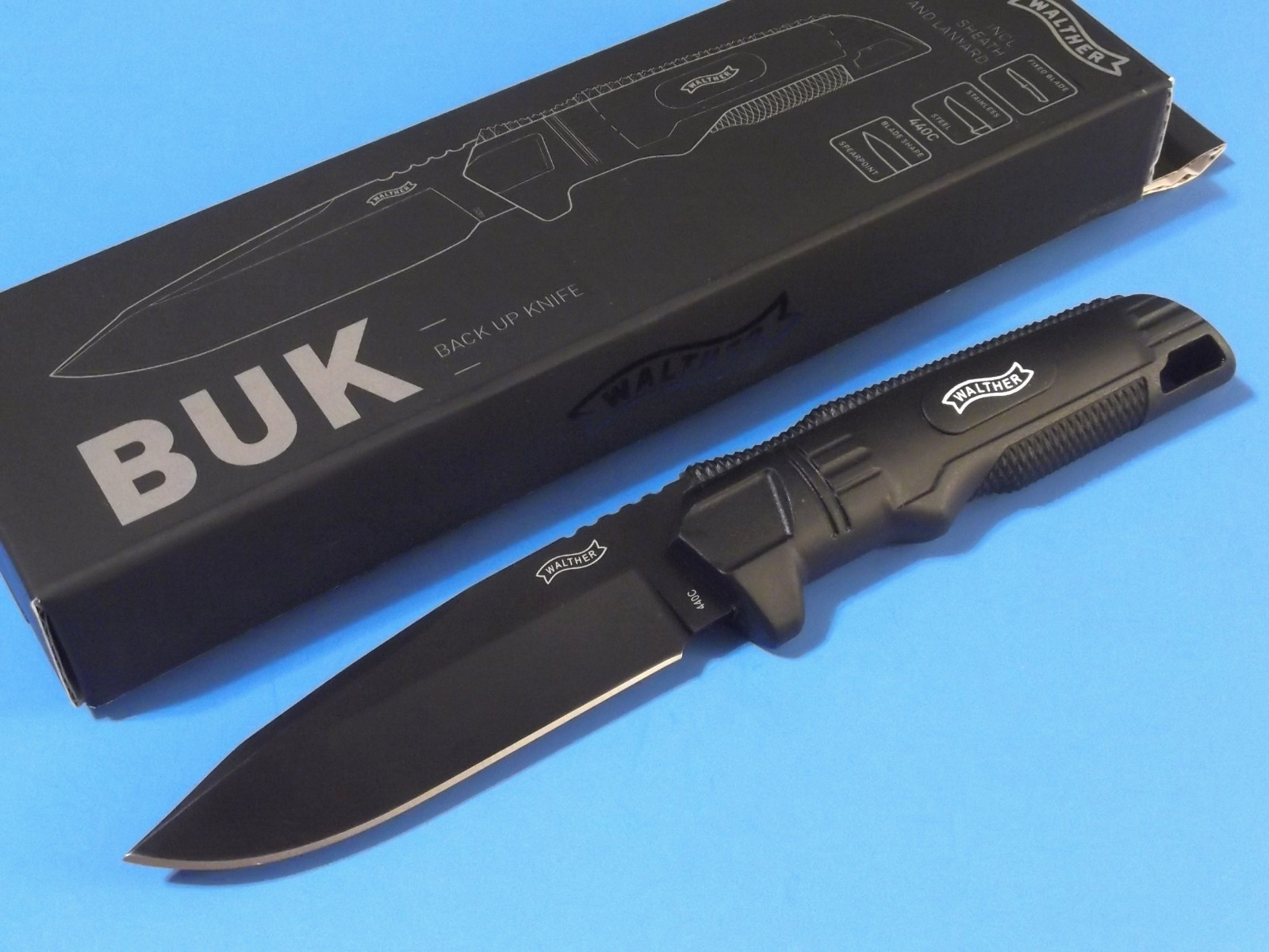 WALTHER 50720 BACK UP KNIFE Black 440C stainless fixed blade 8 1/4" overall NEW!