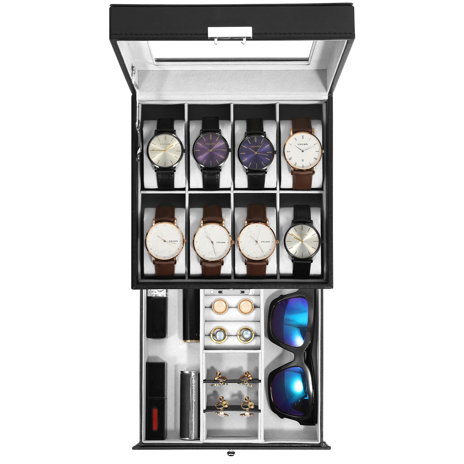8 Slots Watch Case PU Leather Jewelry Storage Display Case with Glass Lid Gift