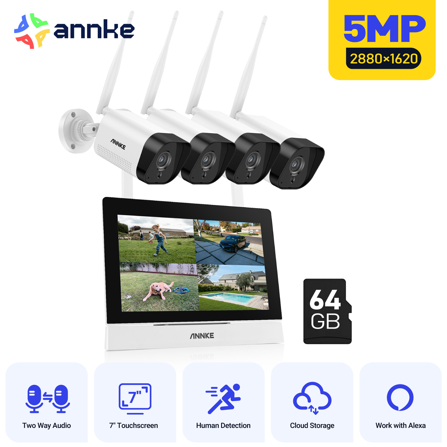 ANNKE 5MP 3MP Wireless Security Camera System 7" Monitor 4CH NVR Two Way Audio
