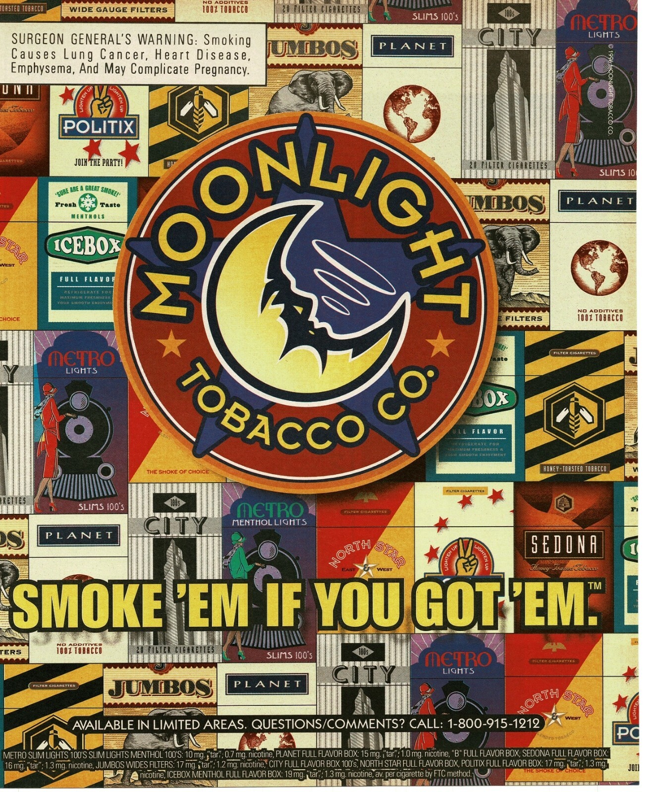 1996 MOONLIGHT Tobacco Co. Cigarette Brands Vintage Print Ad