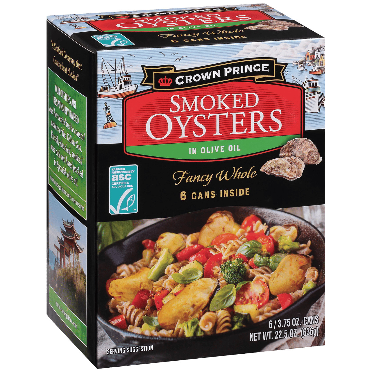 SMOKED OYSTERS  IN  OLIVE OIL, FANCY WHOLE, CROWN PRINCE, 6 CANS  22.5 OZ TOTAL
