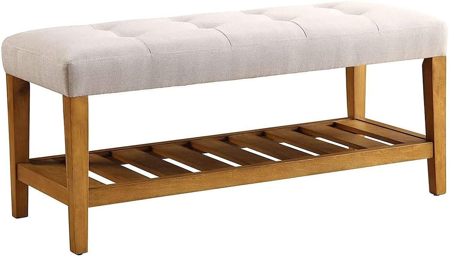Acme Charla Fabric Upholstered Bench with Bottom Shelf in Light Gray and Oak