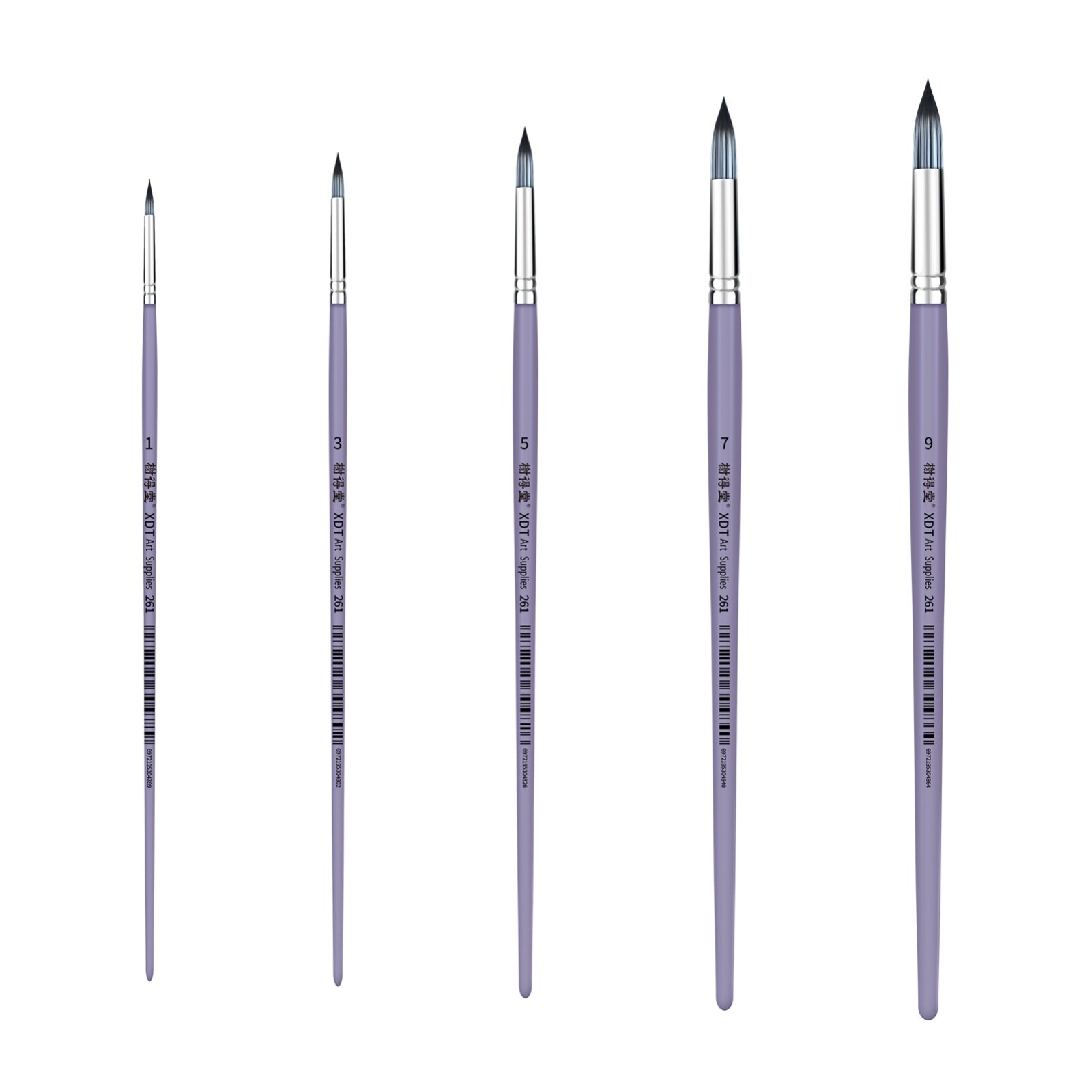 XDT#261 Round Tip Art Brush 5Pc #1#3#5#7#9 Stiff Nylon Acrylic Oil Watercolor