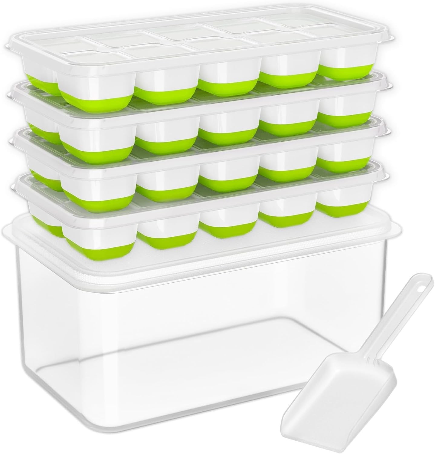 Silicone Ice Cube Trays for Freezer, 4 Pack with Storage Bin &
