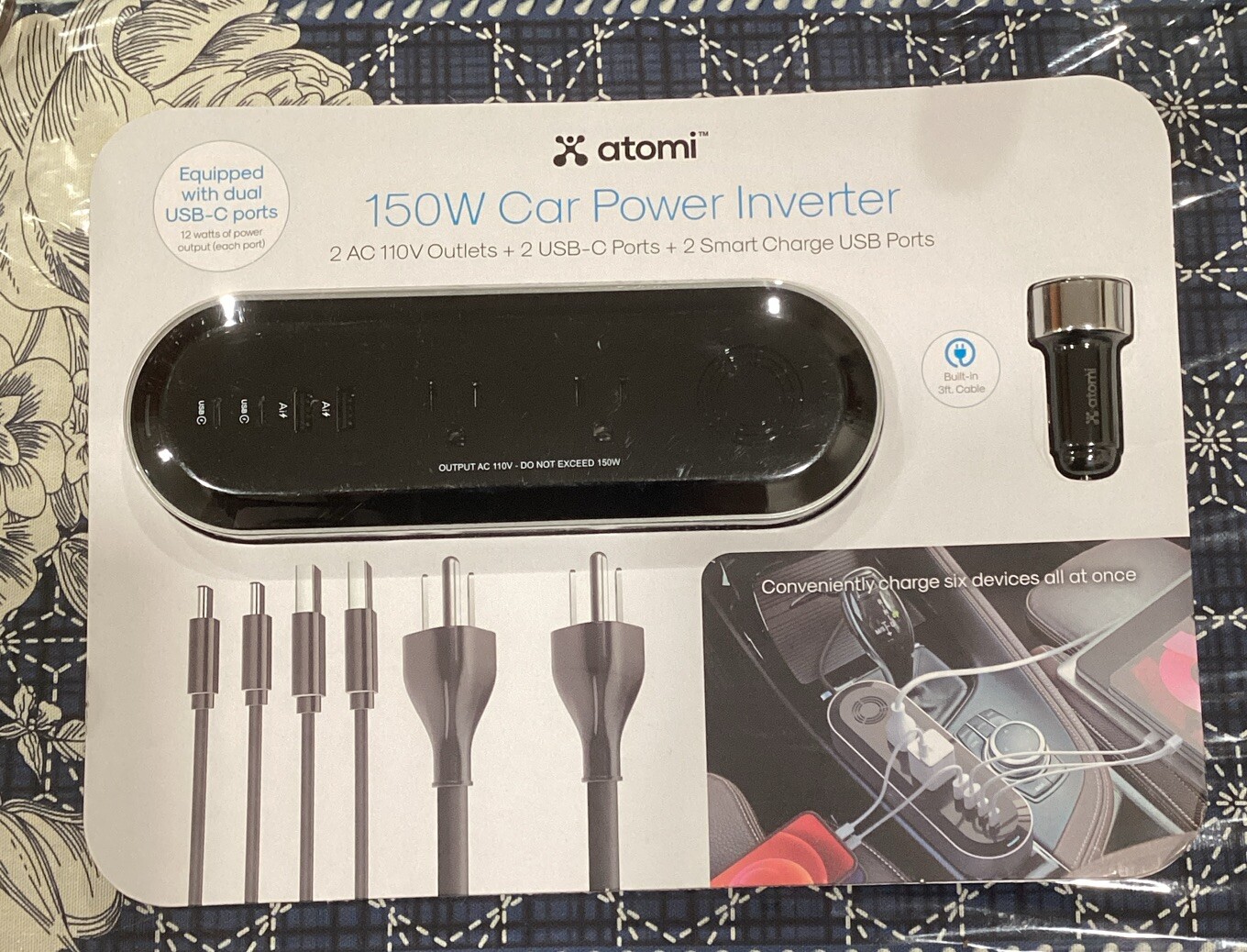 Atomi Car Power Inverter 2x AC 110V Outlet, USB-C Ports, Smart USB Charge Port