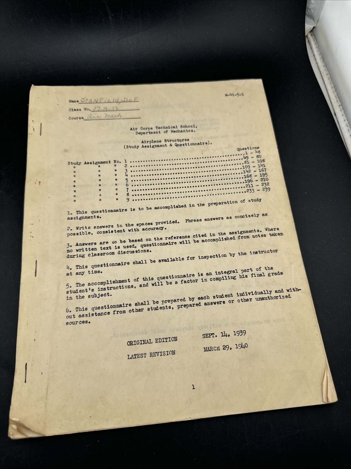 Air Corps Airplane Structure 1940 M-41-51 💥ORIGINAL
