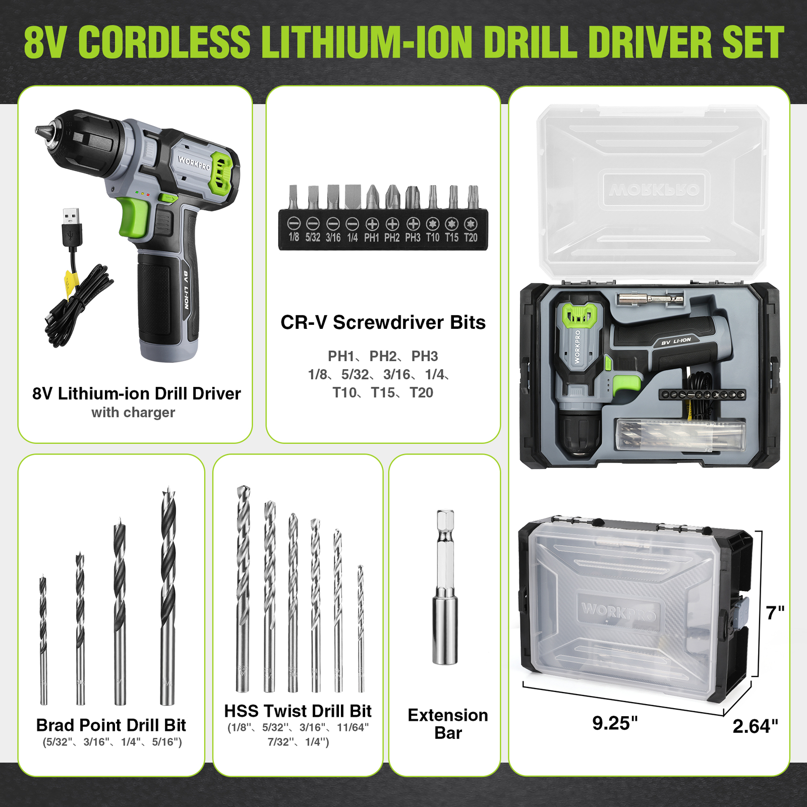 WORKPRO Power Drill Set&Stackable Tool Box 8V Cordless w/3/8" Keyless Chuck