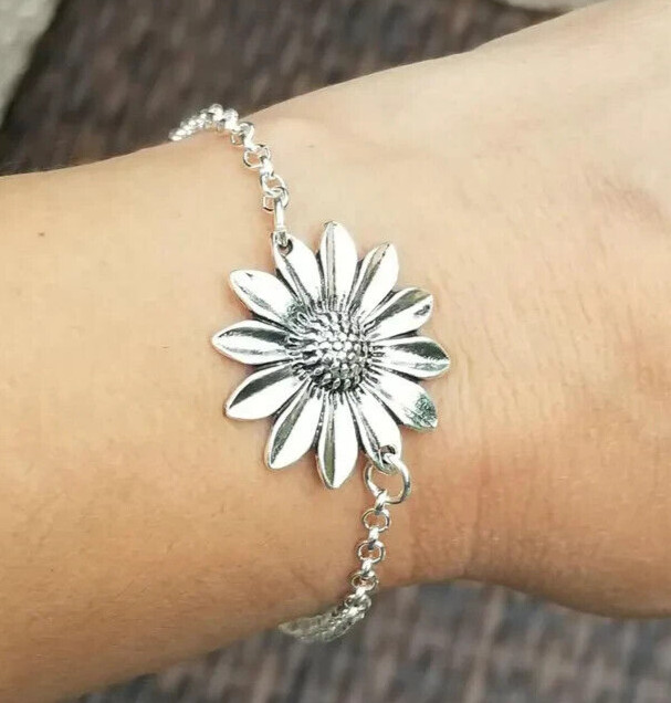 Silver Sunflower Bracelet, Sunflower Charm Bracelet, Sunflower Jewelry