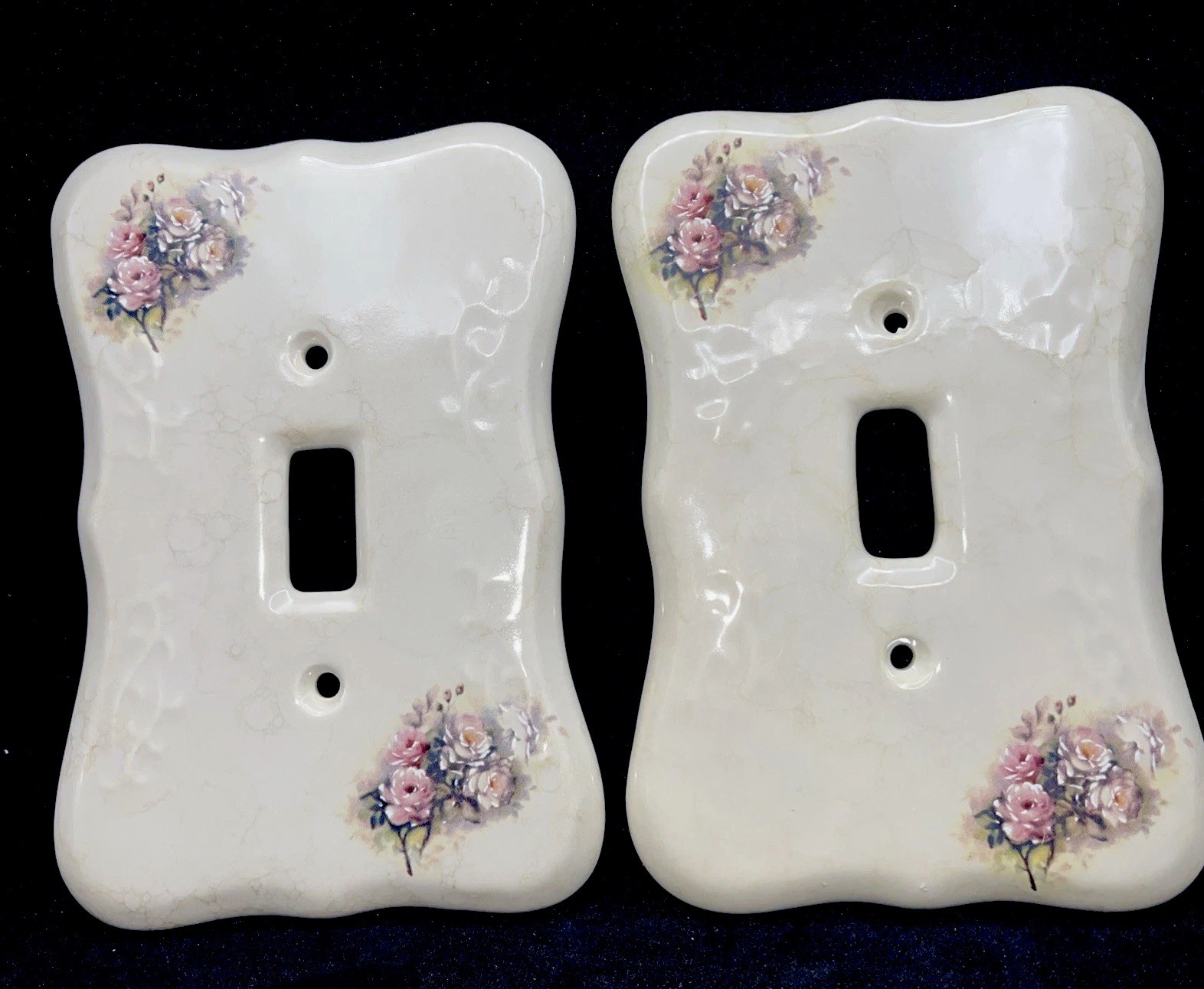 Pair Vtg VB Athena California Pottery Porcelain Switch Plate Cover Floral Roses