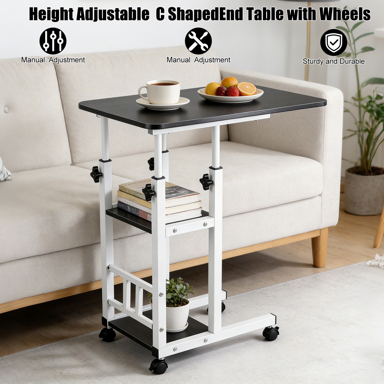 Height Adjustable C Table on Wheels with Storage Shelves Sofa End Table