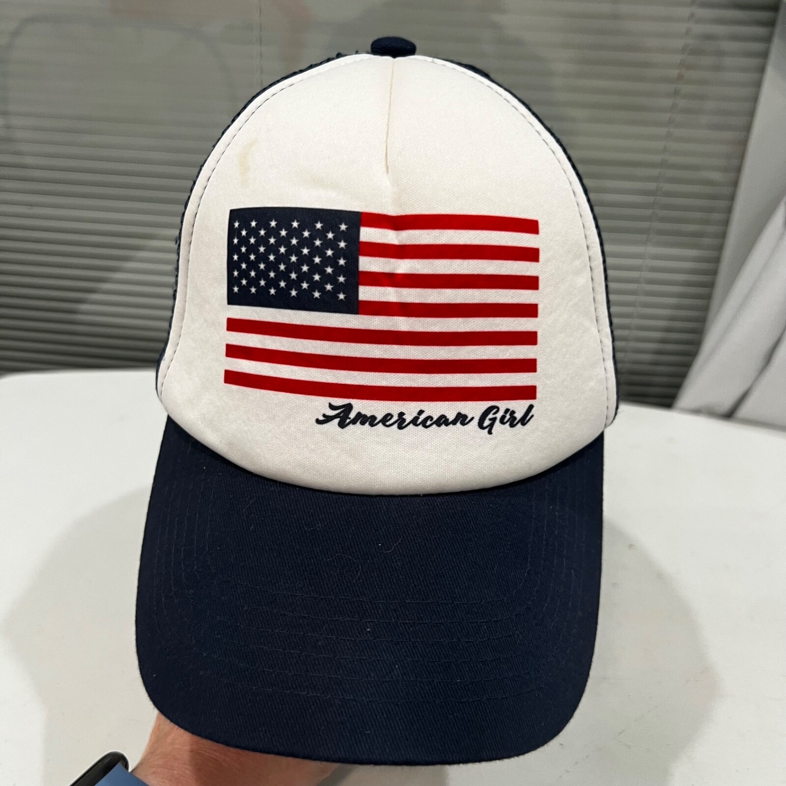 American Girl w American Flag Foam Trucker Hat Cap White Navy and Red Snapback