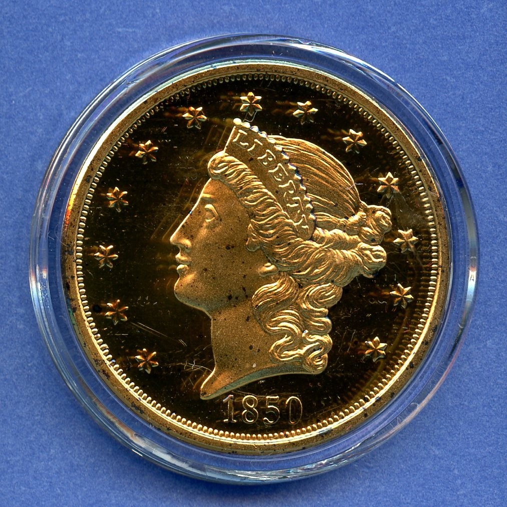 Liberty Coronet Head 1850 Double Eagle $20 Tribute Medal 24k Gold Gilded #0f