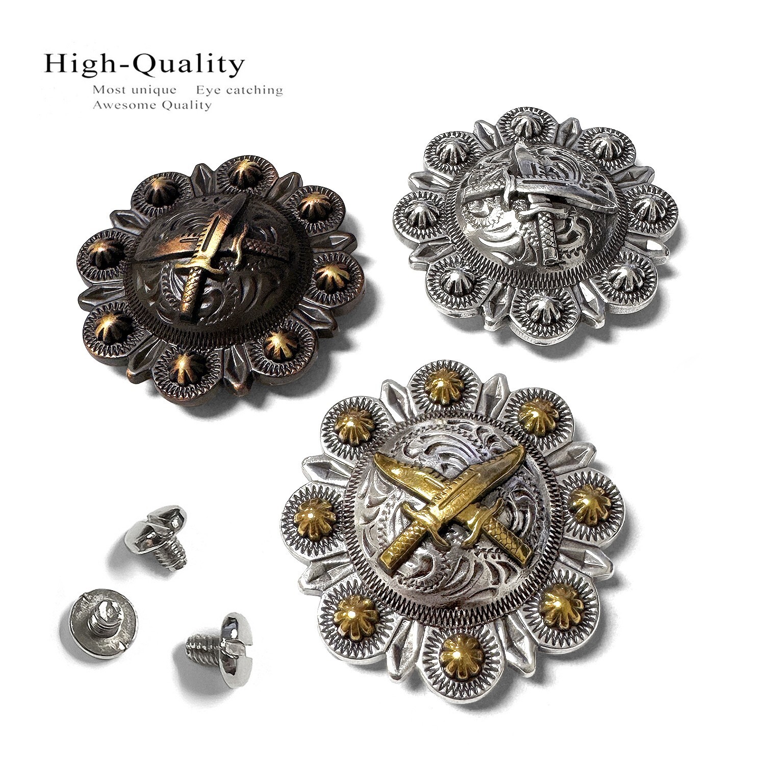 Western Saddle Headstall Engraved Crossed Knife Berry Concho Screw back