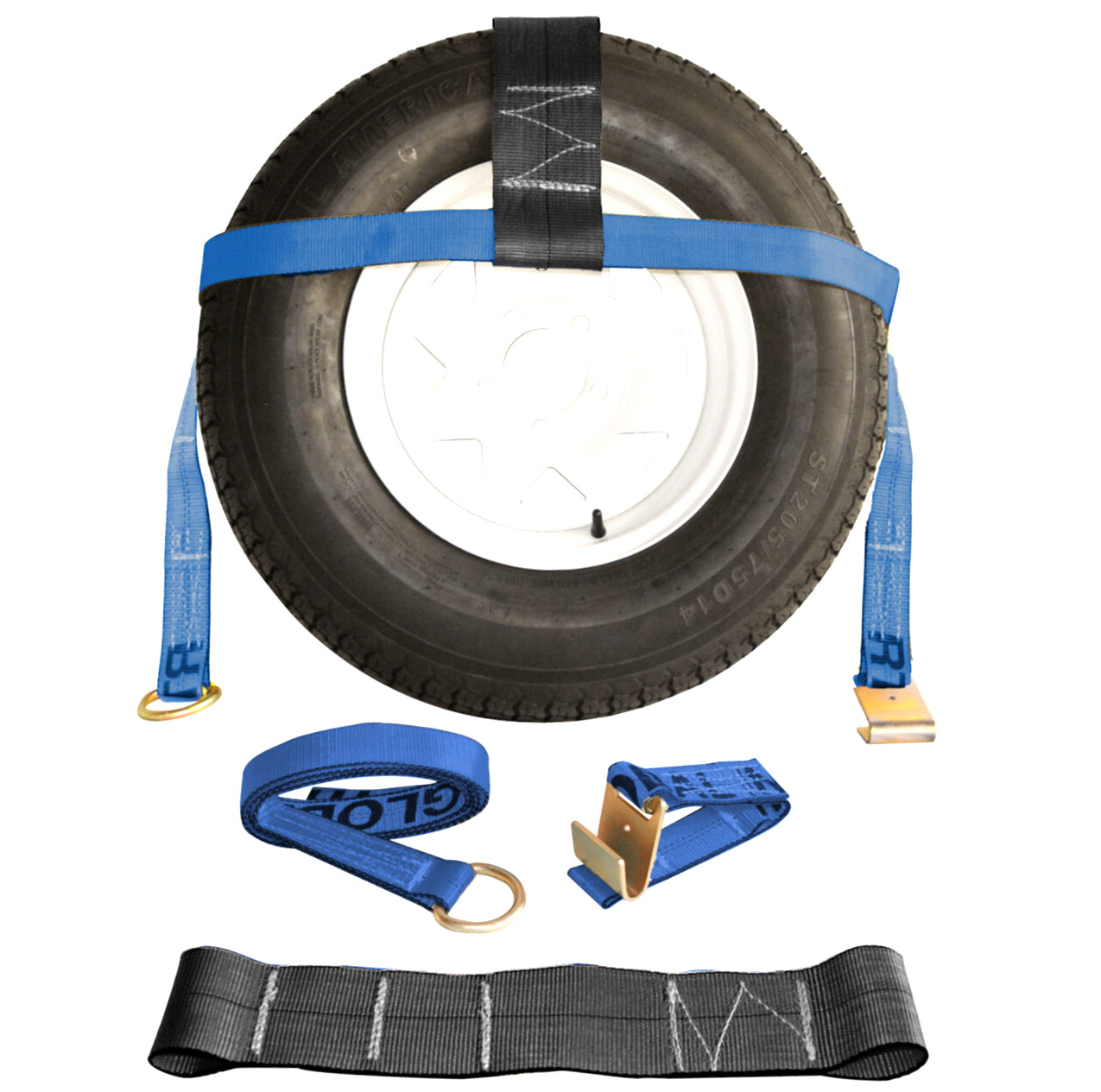 Blue Adjustable Basket Straps 13–18" Wheels w/ Winch Strap & Flat Hook – 3,335#