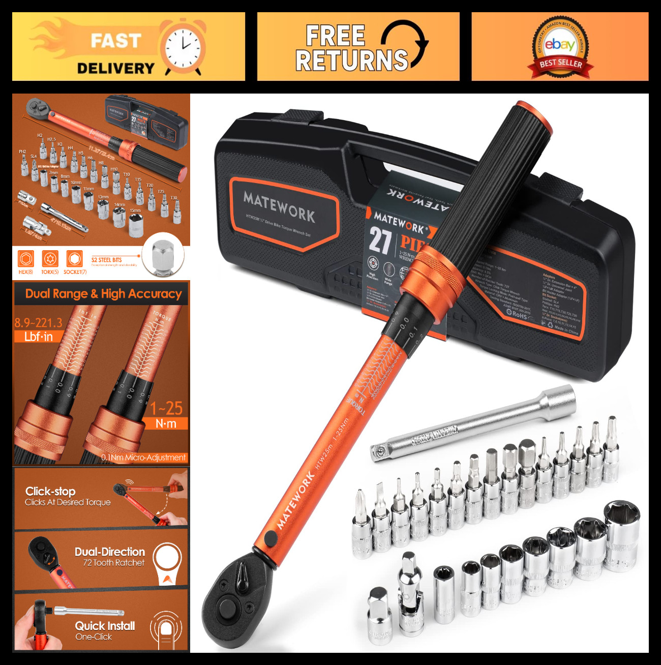 27 PCS Bike Torque Wrench Set - 1/4 Inch Drive Click, 1-25Nm Precision, Sockets