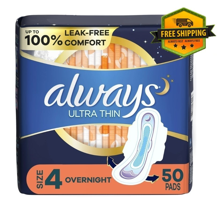 Always Ultra Thin Pads with Wings, Overnight Absorbency Size 4, Unscented, 50 Ct
