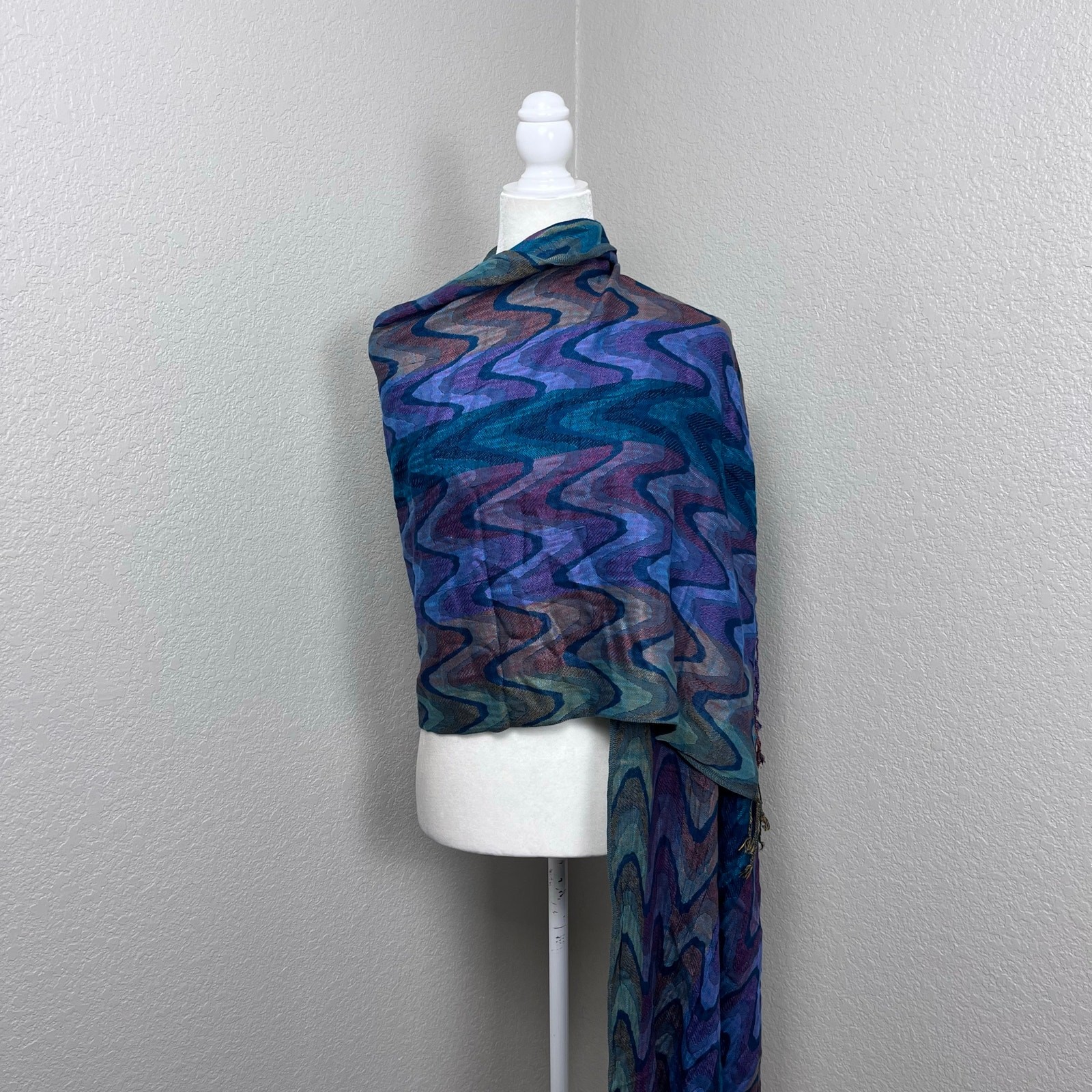 Joy Susan Sheer Scarf Colorful Blue Purple Artsy Fringe Boho Wrap Pashmina