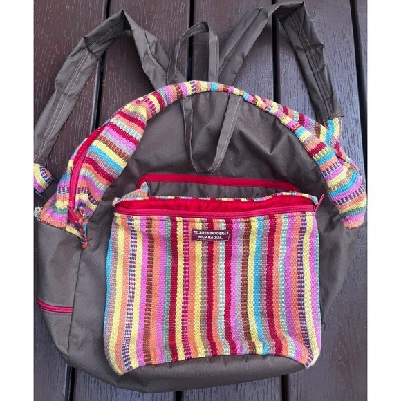 Telares Indigenas Nicaragua Woven Striped Backpack Brown Canvas Boho Matagalpa