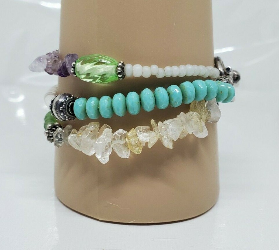 Multistone Teal Blue White Green Multibead Toggle Bracelet 7"