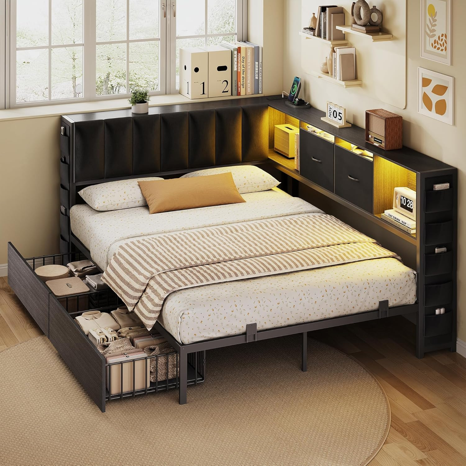 Full Corner Bed Frame with Upholstered Storage Headboard and Drawers, Metal Plat
