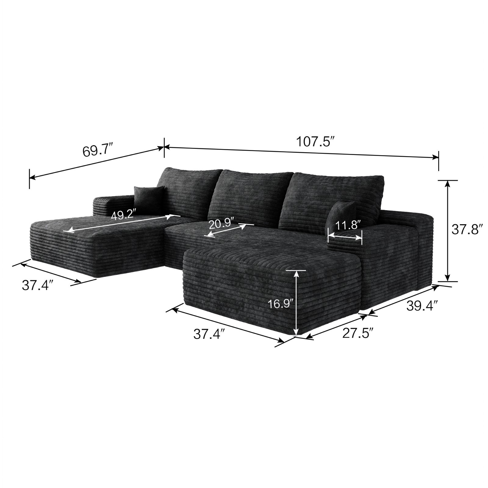 107"Boneless Couch Cloud Sectional Corduroy Sofa Left Facing Chaise with Ottoman