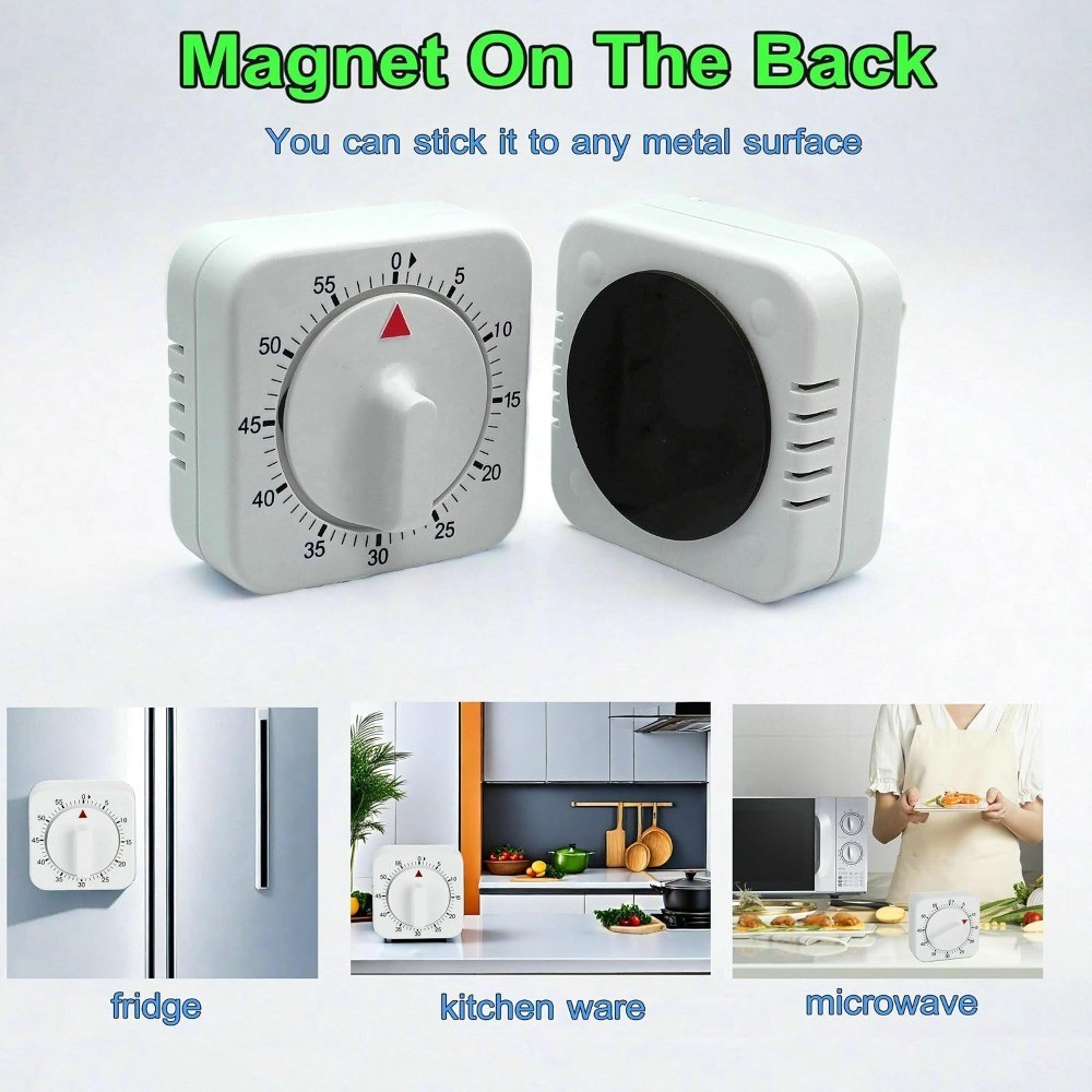 Square 60 Minute Mechanical Kitchen Timer - Visual Kitchen Cooking Timer Clock