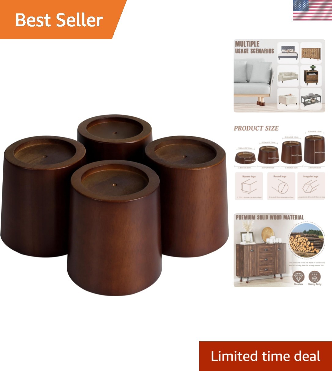 Wood Bed Furniture Risers Blocks - 4 inch Set of 4 Bed Risers, Heavy Duty Sol...
