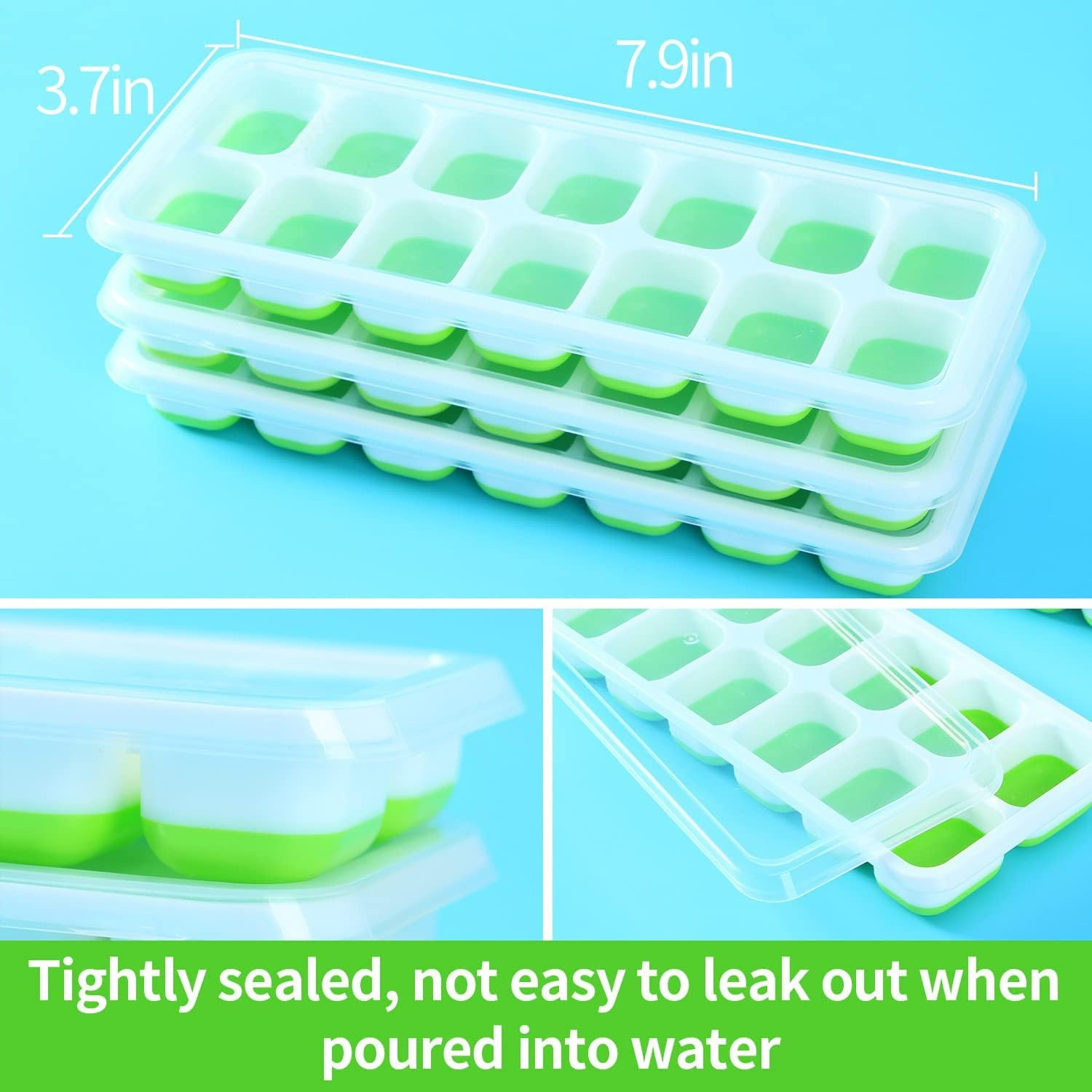 Silicone Ice Cube Trays Reusable Molds Spill-Resistant Removable Lid 3 Pack