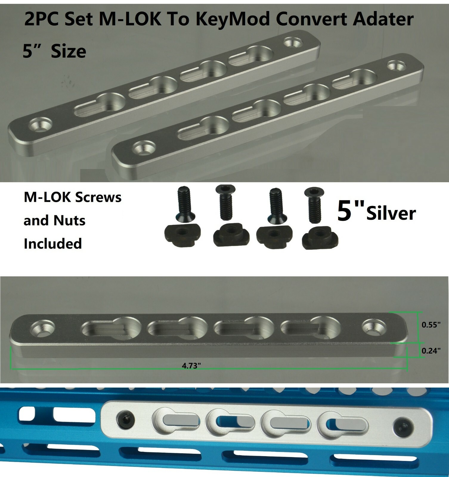 2PC Set 5" Silver Anodized M-LOK to KeyMod Rail Section Converter Adapter Mount